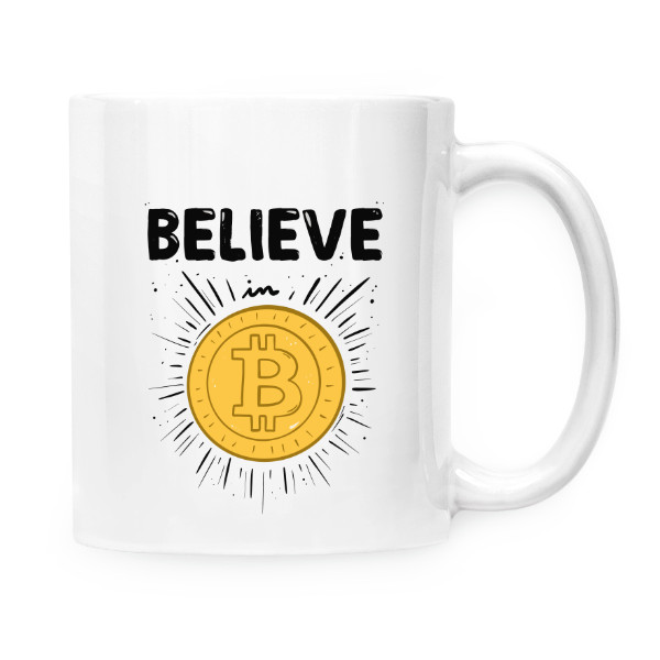 Hrnček malý biely s potlačou Believe in Bitcoin